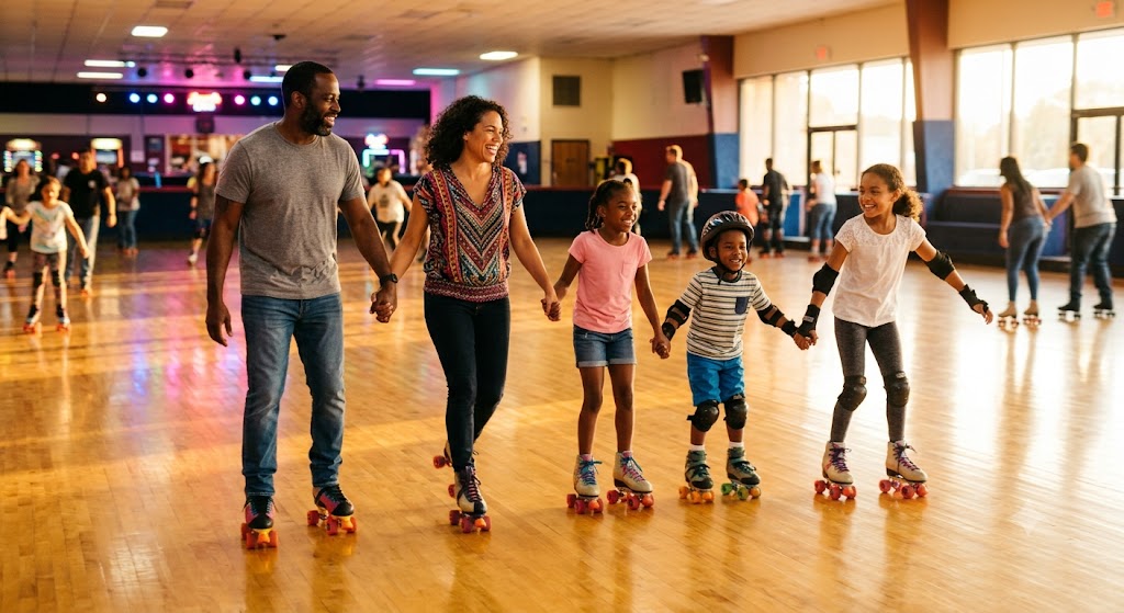 A cheerful family skating together holding hands in warm afternoon light