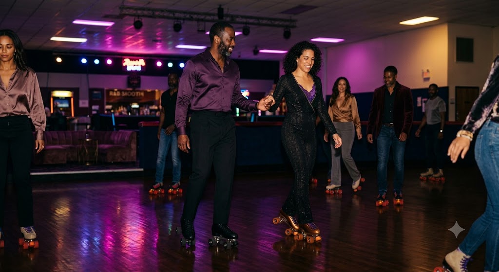 Adults skating under moody R&B lounge lighting during Adult Skate night
