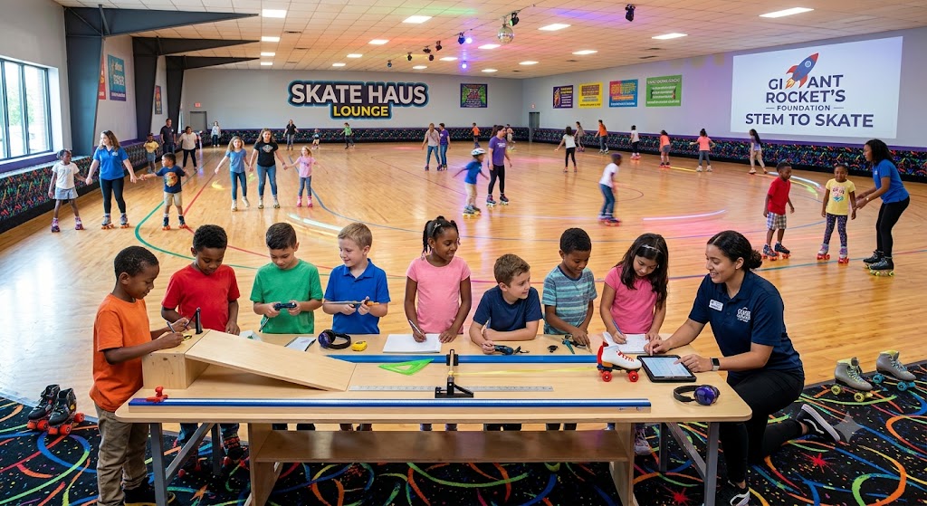 Elementary students at a hands-on science table inside the rink during STEM to Skate