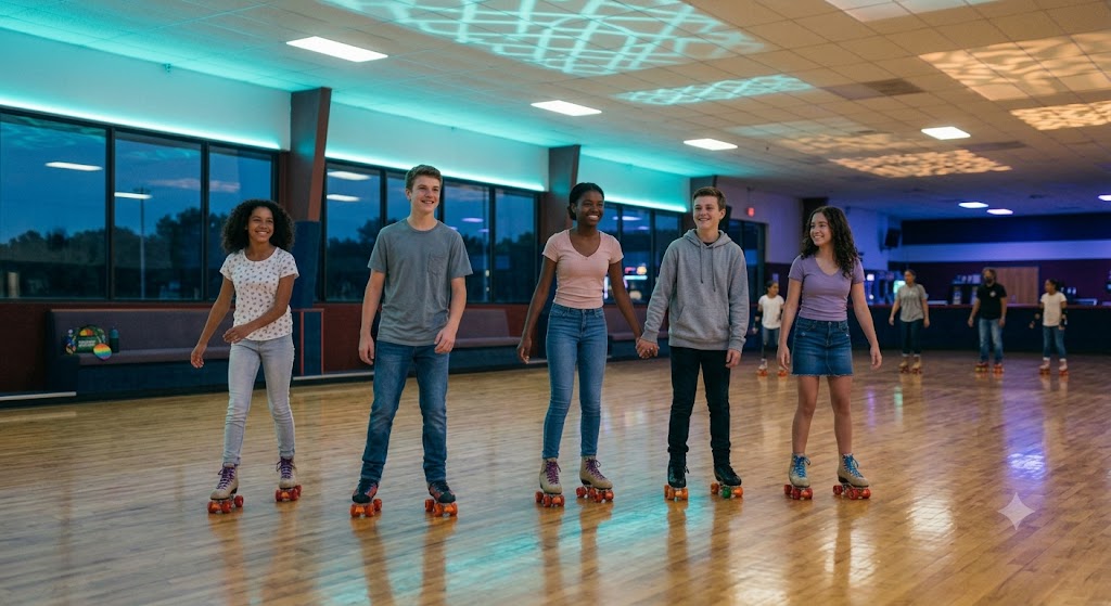 Teens skating together in a calm, sensory-friendly session