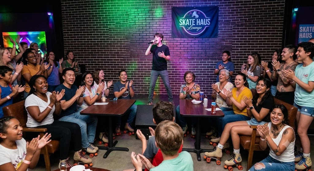 Energetic karaoke night at the rink, someone on the mic under colorful stage lighting with families and teens cheering