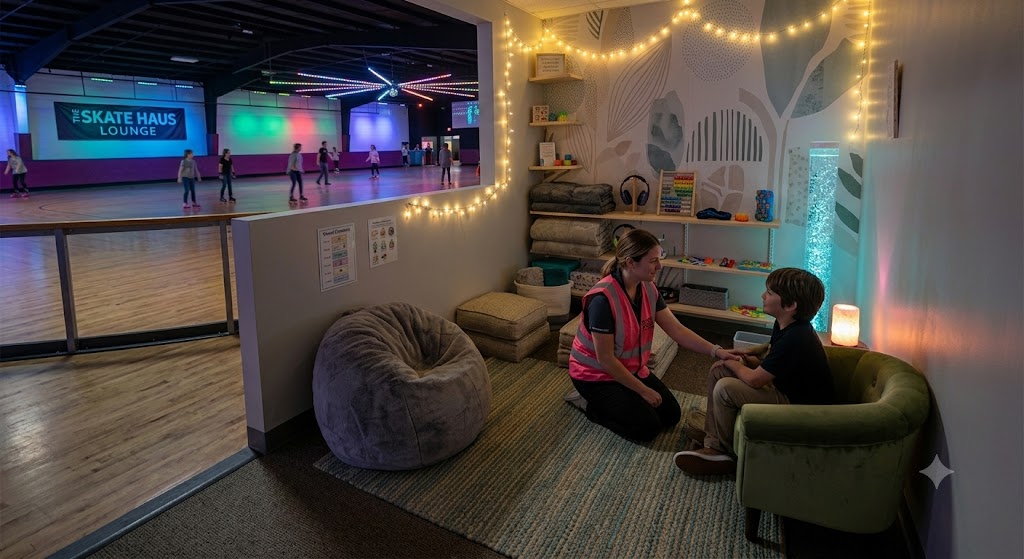 A staff member kneeling to connect kindly with a youth at eye level in a calm sensory regulation corner